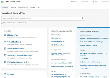screen shot depicting the CCH AnswerConnect home page